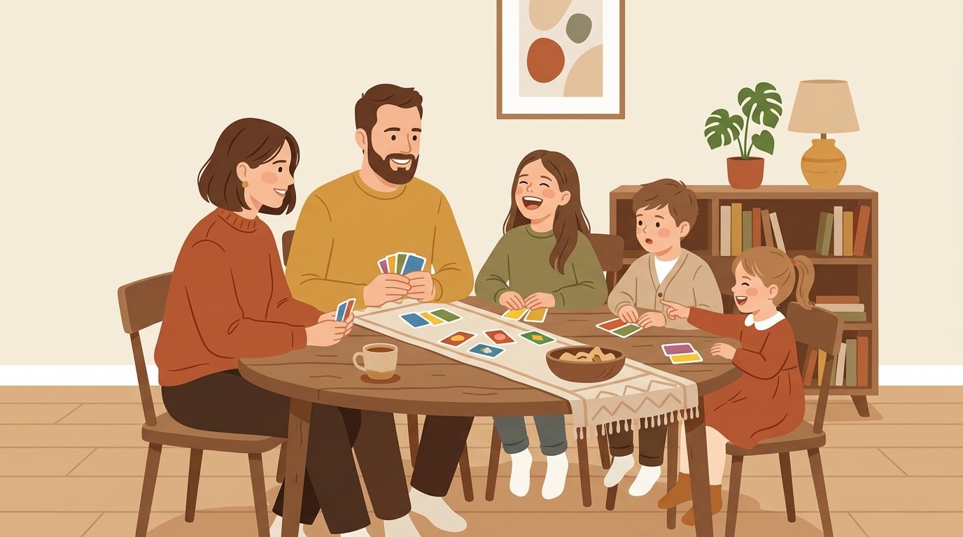 Família reunida em volta da mesa jogando cartas juntos, sem telas por perto