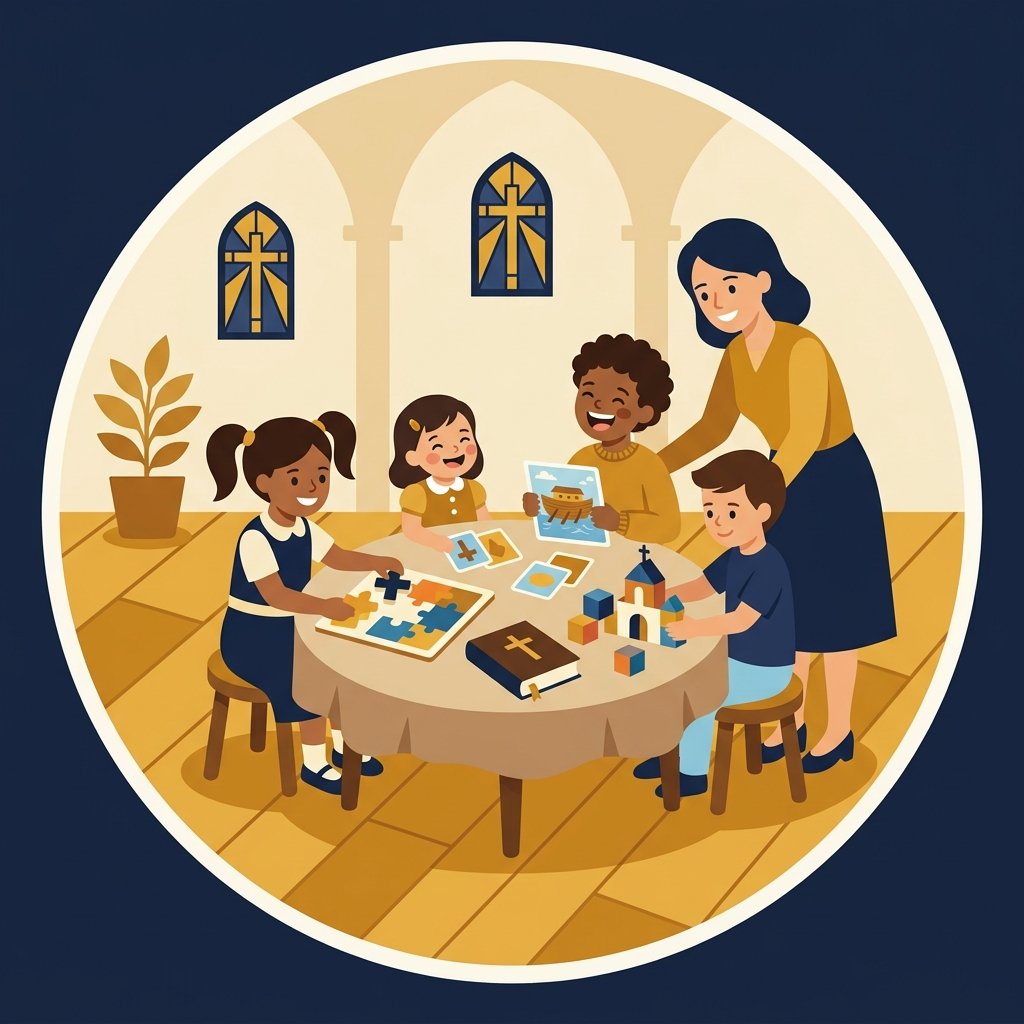 Crianças aprendendo na escola dominical com jogos